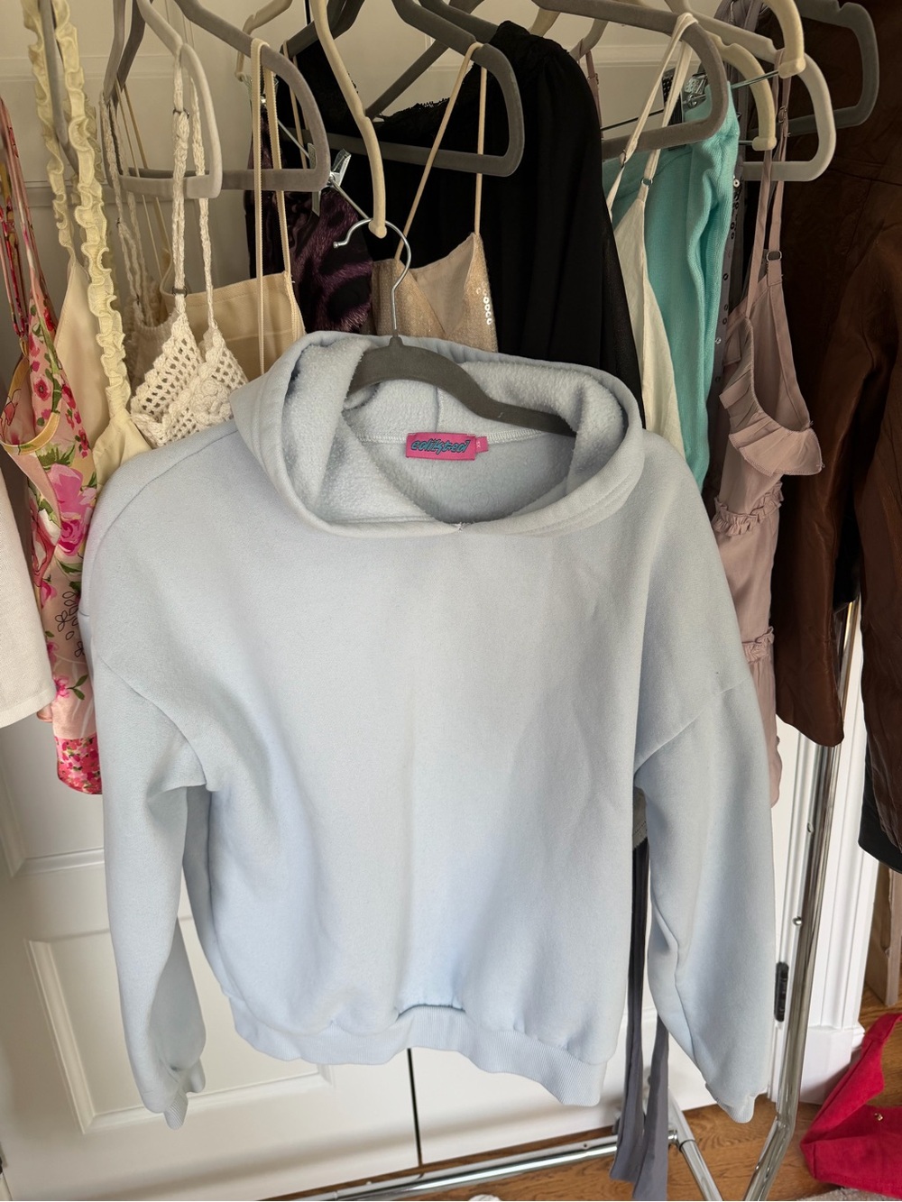 Edikted Light Blue Sherpa Hoodie with Pink Logo Tag
